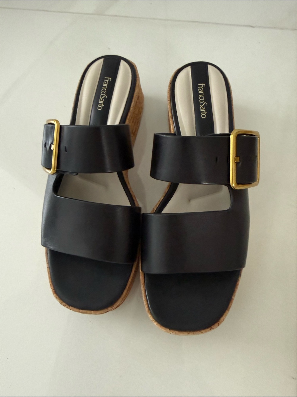 Franco Sarto Black Double-Strap Slide Sandals with Gold Buckles